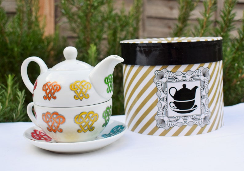Rainbow Hearts Tea for One Set; Hand painted Cup Saucer /& Teapot; Rainbow Celtic Heart Tea Set; Valentine Hearts; Teatime Pride; LGBTQ Gift