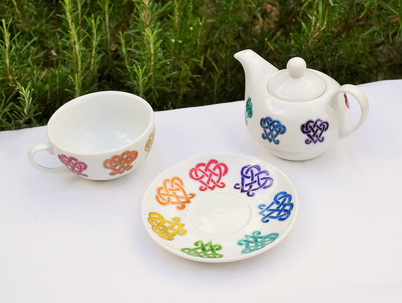 Rainbow Hearts Tea for One Set; Hand painted Cup Saucer /& Teapot; Rainbow Celtic Heart Tea Set; Valentine Hearts; Teatime Pride; LGBTQ Gift