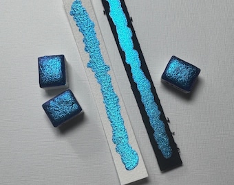 Glacier Shimmer Watercolor Paint, Color Shift Teal Blue, Handmade Half Pan