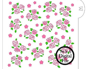 May include: A digital file for a stencil featuring a repeating pattern of pink and white roses with green leaves and small pink flowers.