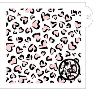 May include: A white stencil featuring a repeating pattern of black and pink hearts. The stencil has a rounded corner and a small tab on the right side. The words "Digital File" are in a black circle.