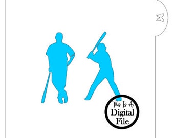 May include: Two blue silhouette images of baseball players, one standing with a bat and the other swinging a bat.