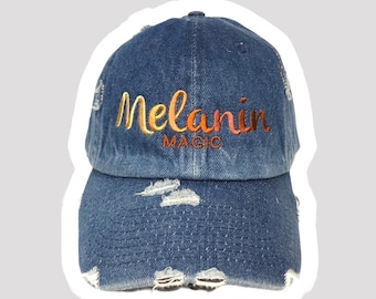 Melanin Magic Distressed Denim Baseball Cap. Unisex Dad Hat, Gift for Mom, gift for dad