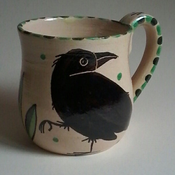 Mugs, crow mug, corvid, raven mug, dancingharepottery, home and living, kitchen and dining, folk art, cottage chic, handmade pottery, bird