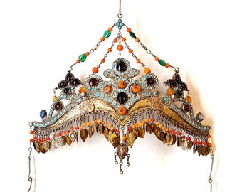 Antico uzbeko Bukhara Corona di nozze Uzbekistan Argento dorato Rame Testa Ornamento