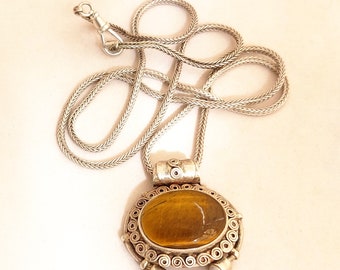 Large Tiger Eye Silver Pendant thick long chain Necklace