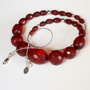 Antique Bakelite Necklace Art Deco Faceted Cherry & Sterling Silver beads