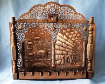 Antique Bronze Hanukkah Menorah Wall Hanging Hanukkia Damascus work inlay