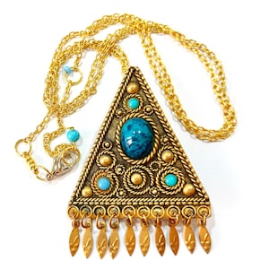 Vintage Copper 1970s Triangle Pin Pendant Necklace with Malachite & Turquoise stones Signed MADE IN ISRAEL