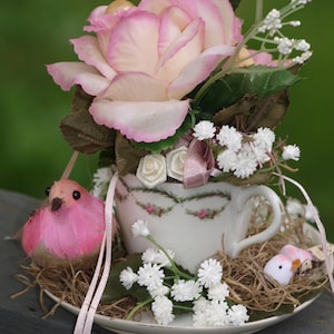 Teacup Flower Arrangement with Tiny Birds in nest, Flowers, Vintage, Shabby Chic, Cottage Style, Farm House, Rustic,Romantic decor