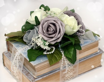 Shabby Chic Floral Arrangement Centerpiece. Roses, Upcycled, Altered Books, Rustic, Cottage Style, Farm House, Rustic, Romantic, decor