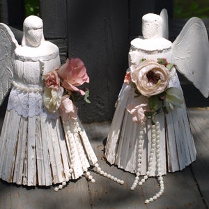 Set of 2 Shabby Chic Angels, Hand Painted, Hand Embellished, Decor, Rustic, cottage, style, farm house, Romantic