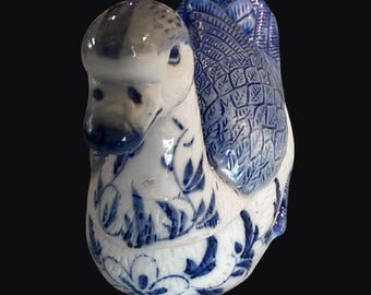 Vintage Midcentury Porcelain China, blue and white porcelain duck trinket box, Boho Chic