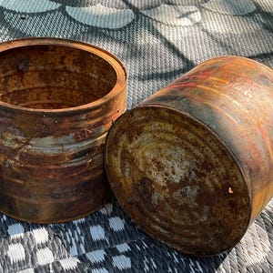 2 Rusty Coffee Cans, Found Objects for Sculpture, Assemblage, Altered Art, Mixed Media, Floral Arrangement, farmhouse decor