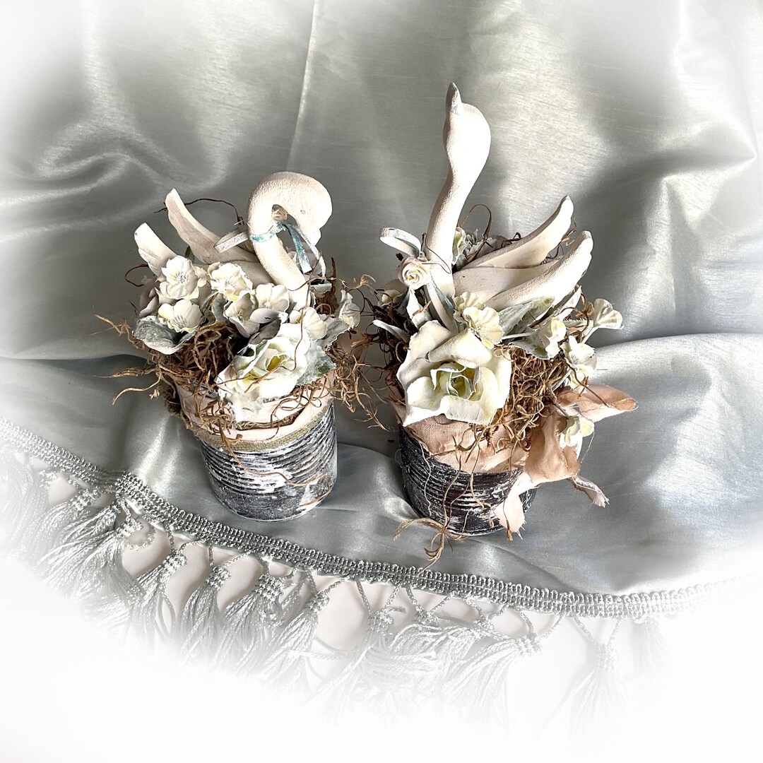 Swany Rag 2 Shabby Chic Hand Painted Swan Figurines in Upcycled Cans With Flowers ...