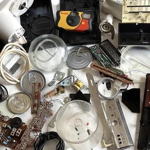 Vintage 6 lb lot assemblage mixed media art supplies/ industrial robot parts/ pieces found objects/ metal parts junk drawer 2