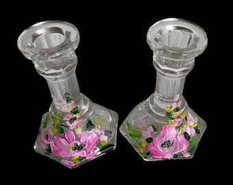 Set di portacandele in vetro vintage dipinti a mano, design floreale originale, decorazione artistica riciclata, lavabili in lavastoviglie