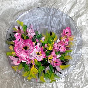 Hand Painted Vintage Small Glass Plate, Original Floral Design, upcycled art Decor, Dishwasher Safe
