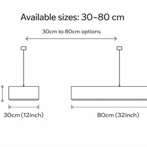 May include: Line drawing of two rectangular pendant lights. The smaller light is 12 inches wide and 10 inches tall. The larger light is 32 inches wide and 10 inches tall. Text indicates available sizes are 30-80 cm.