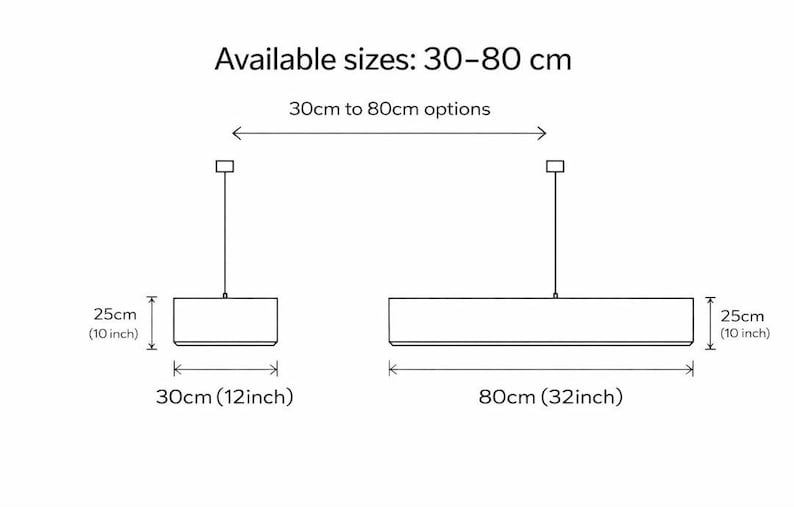 May include: Line drawing of two rectangular pendant lights. The smaller light is 12 inches wide and 10 inches tall. The larger light is 32 inches wide and 10 inches tall. Text indicates available sizes are 30-80 cm.