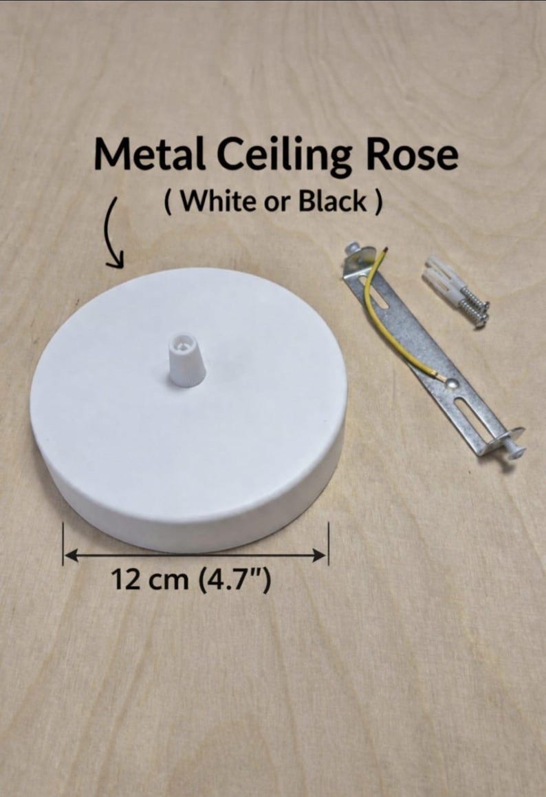 May include: A white metal ceiling rose, 4.7 inches in diameter, with a central fitting. Includes a mounting bracket, screws, and wiring. Text on the image reads "Metal Ceiling Rose (White or Black)".