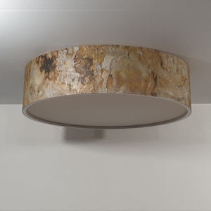 May include: A circular ceiling light with a stone-effect pattern in brown, beige, and grey. The light fitting has a neutral-toned interior and a silver trim. It is mounted on a white ceiling. The diameter is approximately 40 cm.