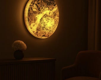 Ręcznie wykonana designerska okrągła lampa ścienna – lampa ścienna LED z forniru kamiennego, ciepłe światło