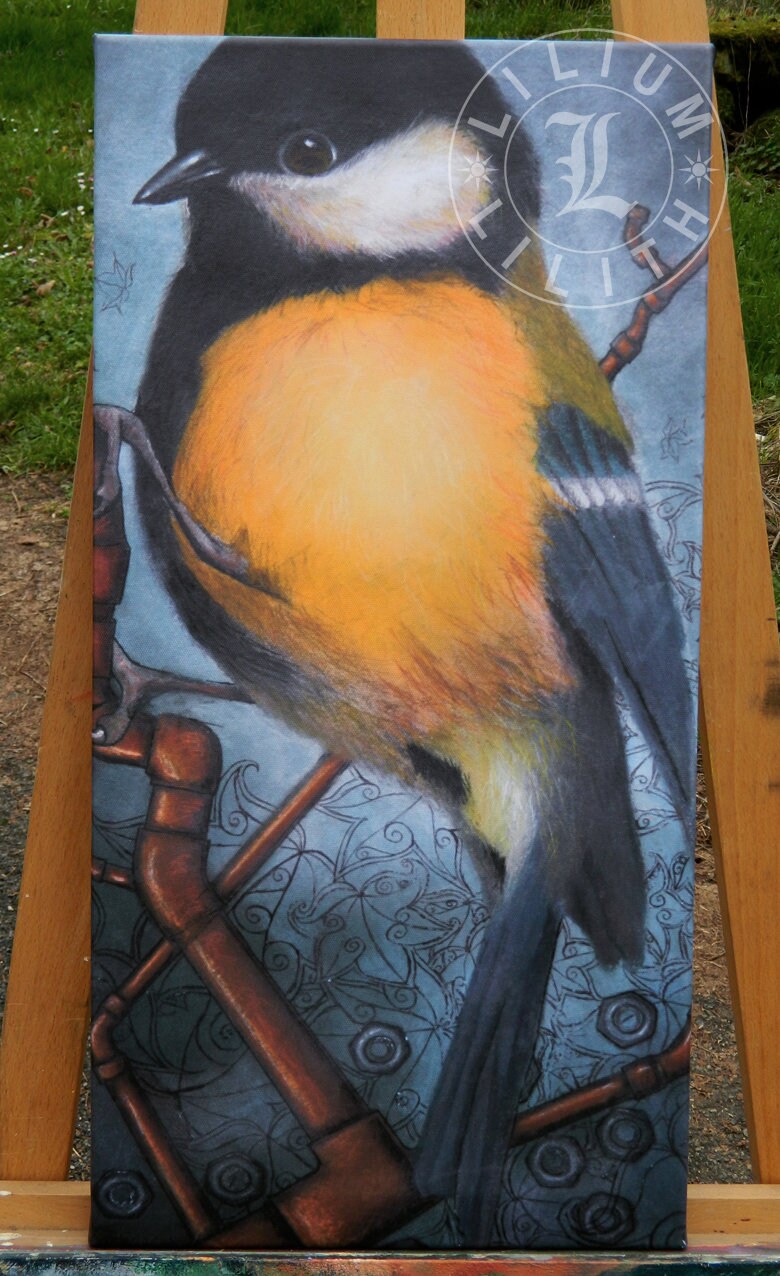 Dessin Aux Pastels. Mésange sur Toile Imprimée