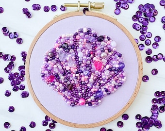 Purple and Pink Seashell Original One of A Kind Hand Embroidered Beads and Thread Inspired Wall Art