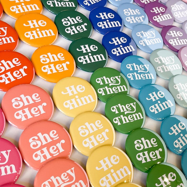 Pronouns Badge Button Pins, He Him Pin, They Them Pin, She Her Pin, Pronoun Pin, Ask Me About My Pronouns, LGBTQ