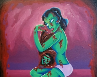 Sweet Babe Zombie Pinup Acrylic Painting, Decor, Home Decor, Horror Decor, Zombie Art, Pinup Decor, Zombie Painting, Wall Decor, Wall Art