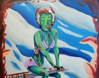 Bathing Suit Zombie Pinup Acrylic Painting, Decor, Home Decor, Horror Decor, Zombie Art, Pinup Decor, Zombie Painting, Wall Decor, Wall Art