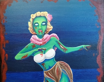 Beach Babe Zombie Pinup Acrylic Painting, Decor, Home Decor, Horror Decor, Zombie Art, Pinup Decor, Zombie Painting, Wall Decor, Wall Art