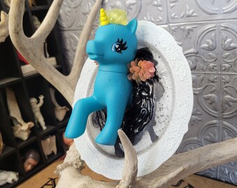 Teal Pony Doll on Plate Wall Hang, Gothic Decor, Halloween, Horror Decor, Upcycled Decor, Home Decor, Witchy Decor, Unique Decor, Wall Decor