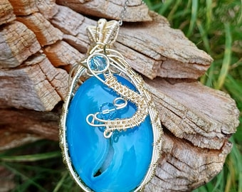 Blue Druzy Agate Wire Wrapped Pendant