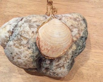Gold plated wire wrapped shell pendant