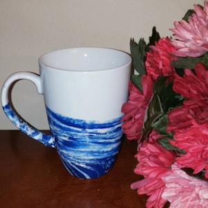 Large Blue Coffee Mug, Tall Coffee Mug, Gift for Man, 16 oz Coffee Mug, Tall Latte Mug, Large Ceramic Mug, Large Coffee, Hand Painted Mug