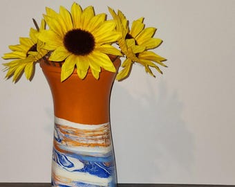 Orange Blue Vase, Vintage Orange Vase, Orange Blue Glass Vase, Orange Vase, Orange Cylinder Vase, Vantag Orange Blue Vase, Orange Glass Vase