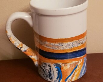 Large Blue Orange Coffee Mug, 16 oz Mug, Hand Painted Blue Ceramic Mug Large, 16 oz Coffee Mug,  16 oz Mug, Large mug, colorful mug 16 oz
