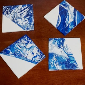 Blue Coaster Set, Navy Blue Ceramic Coasters, wedding gift, Art Coasters, Blue Ceramic Tile Coasters, Hand Painted Ceramic Coasters Blue