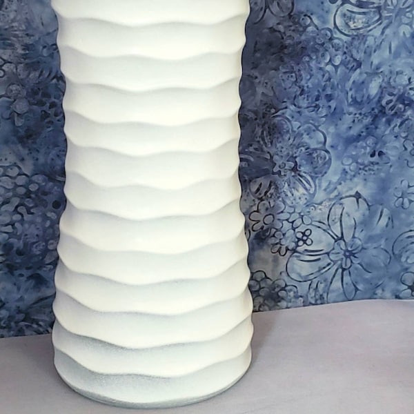 Tall White Glass Vase, Vintage Vase, White Glass Vase, Sculptured Vase, Cylinder Vase, Hand Painted White Vase 10 in, Décor, Curvy Vase