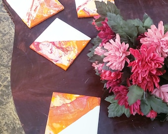 Orange Ceramic Coaster Set, Dorm Decor, Hand Painted Coasters, Orange Red Coasters, Orange Tile Coasters, Dorm Decor
