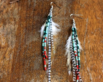Aqua Green & Red Feathers and Beads Earrings - Seed Beads - Ultra Long Feathers Earrings - Boho Earrrings - Natural Rooster Feathers - Hippy