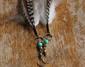 Ultra Long Feathers Earrings - Boho Feather Earrings - Natural Rooster Feathers - Tribal Earrings - Tibetan Bead Earrings - Antique Brass