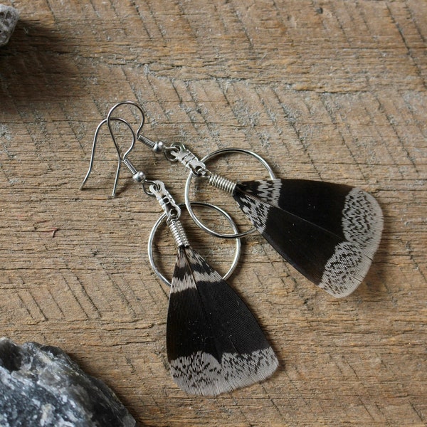Natural Feather Earrings - Partridge Feathers - Short Feathers - Natural Grouse Feather - Wild Ruffed Grouse - Grey Black - Ethical Feathers
