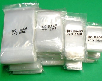 600 Zip Seal Bags Clear Assorted Baggies 2mil 100ea 1.5x1.5 1.5x2 2x2 2x3  3x3 3x4 