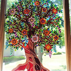 3D Tree of Life Glass Painting: Bohemian Suncatcher Wall Art (15&quot;x12&quot;)