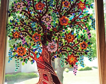 3D Tree of Life Glass Painting: Bohemian Suncatcher Wall Art (15"x12")