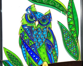 Original Owl Glass Painting: Framed Stained Glass Art (15"x15")
