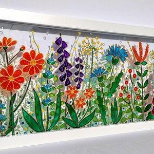 Wild flowers 17"x9" 3D Glass painting Sun catcher stained glass Glass art Modern painting Colorful painting Original painting Window hanging